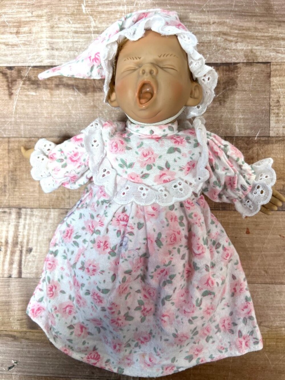 Vintage Yawning Baby Doll With Floral Nightgown & Lace Bonnet